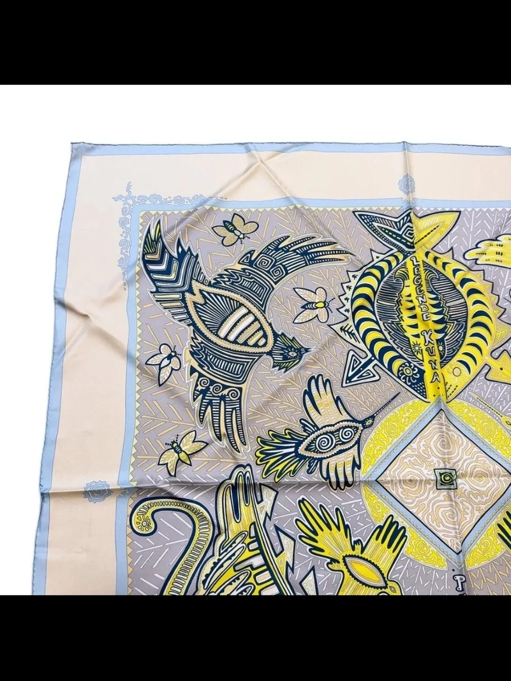 Hermès Pale Blue, Yellow & Beige Bird Motif Silk Scarf
